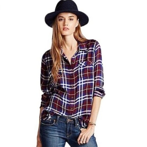Lucky Brand Bungalow Red & Blue Plaid Button Down Flannel M - Picture 2 of 5